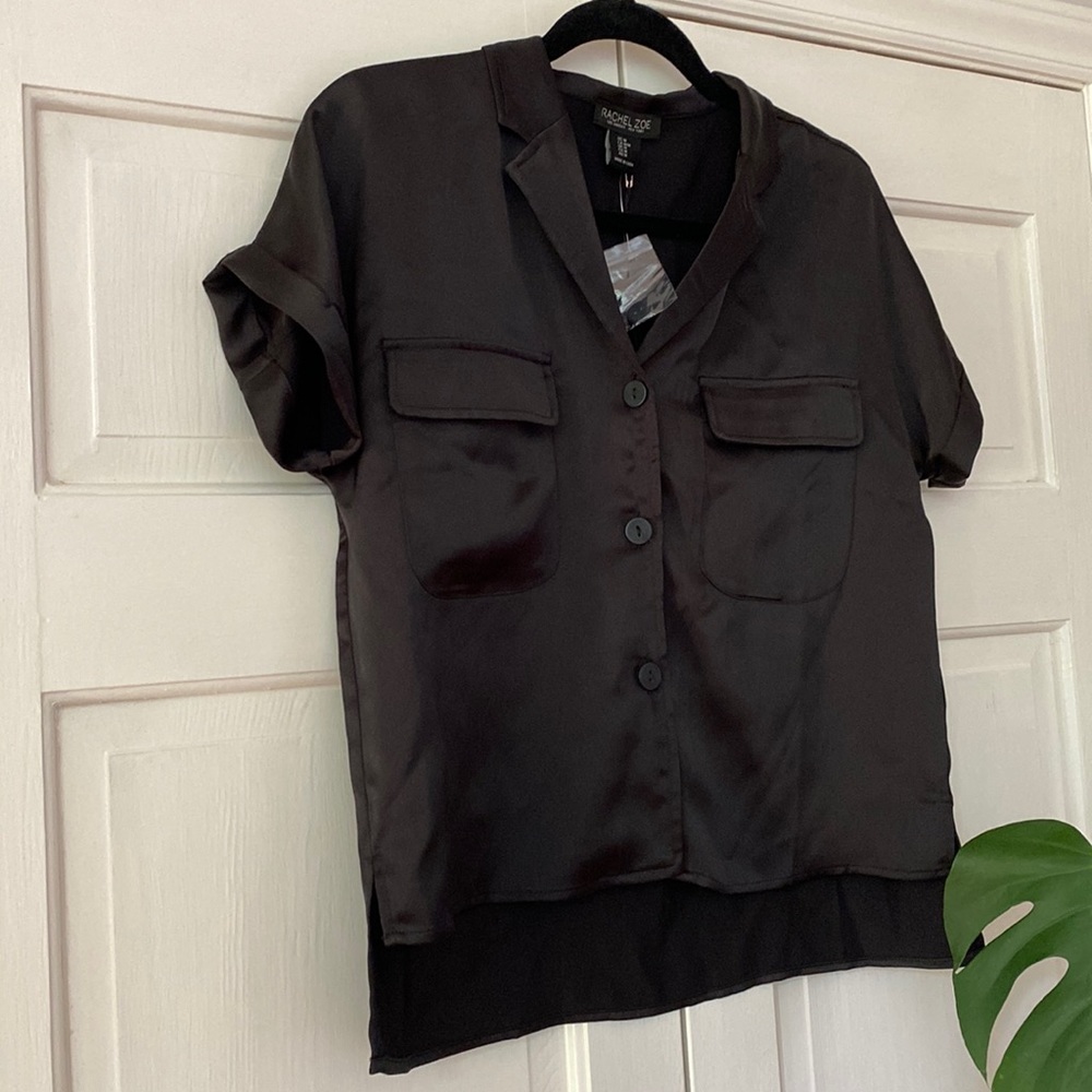 Rachel Zoe Black High Low Collared Button Down Shiny Satin Shirt Cuffed Sleeves